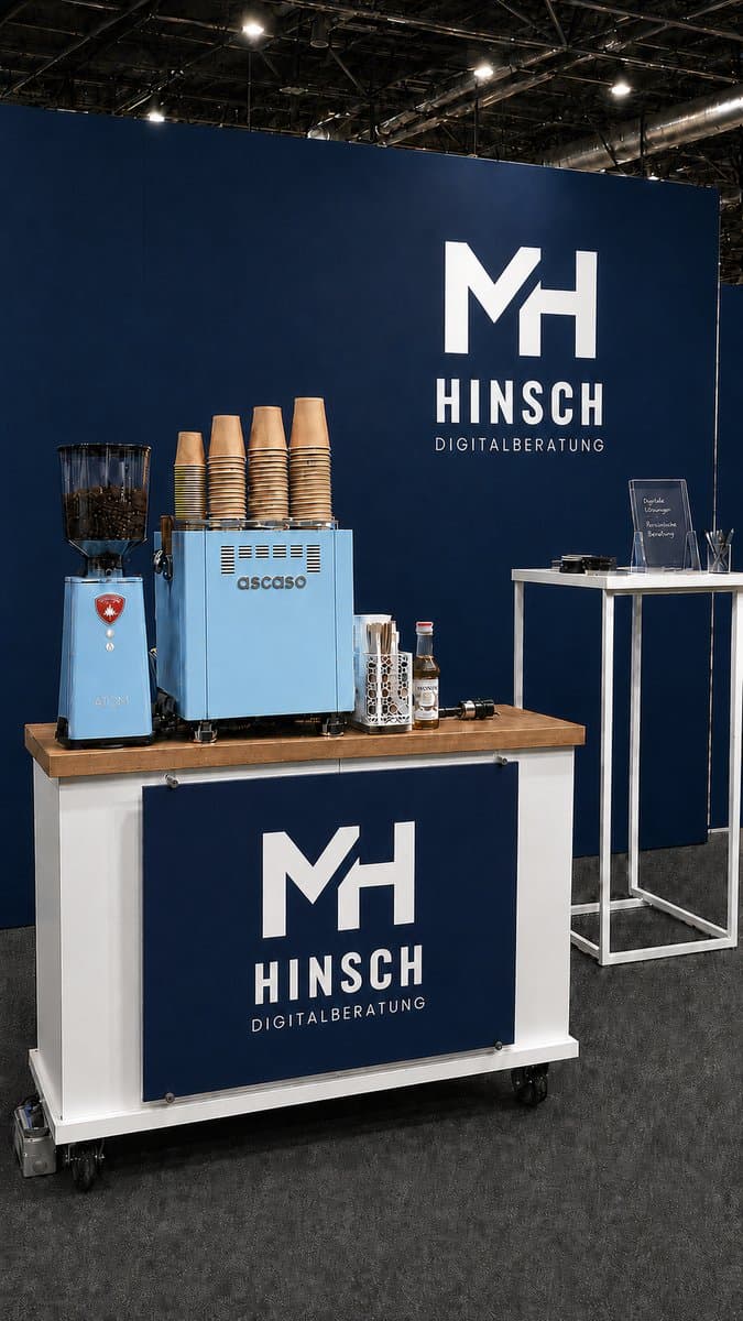 Individuell gebrandeter Coffee Stand mit Firmenlogo auf einer Messe